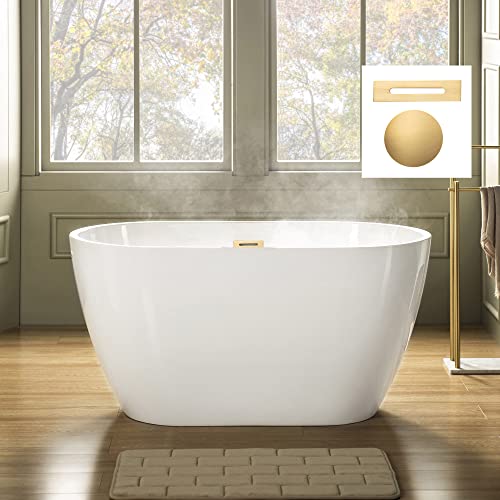 WOODBRIDGE 48" Acrylic Freestanding Bathtub Contemporary Soaking Tub, White Acrylic(Brushed Golden Drain/Overflow),BTA1703-BG-Drain&O