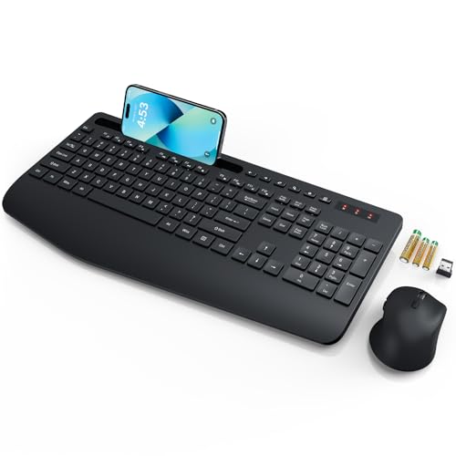 SABLUTE Wireless Keyboard and Mouse, Wrist Rest, Large Print, Phone Holder, 2.4G Ergonomic Keyboards Mouse Combo, Silent Cordless High Contrast Set for Low Vision and The Elderly, Battery Powered