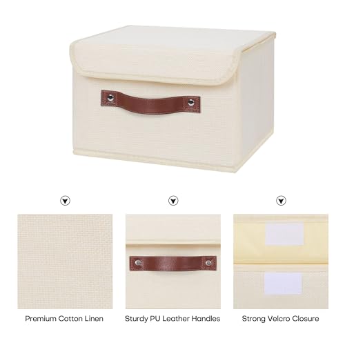 ANMINY 4PCS Storage Bins with Lid PU Leather Handles Storage Boxes PP Plastic Board Decorative Foldable Lidded Cotton Linen Fabric Home Cubes Baskets Closet Organizer Containers - Purple, Large Size