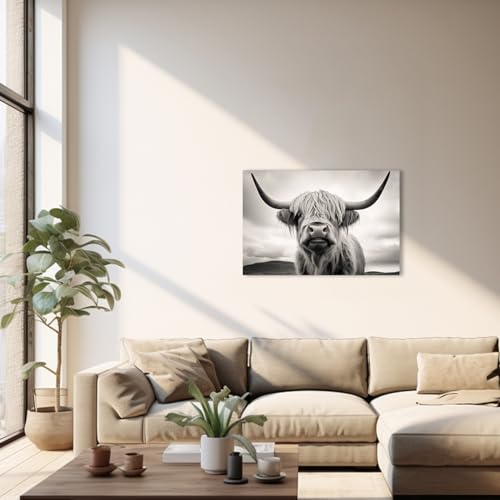 QIXIANG Large Black and White Highland Cow Canvas Wall Art Longhorn Highland Cow Picture Prints Farmhouse Cow Portrait for Home Decor (Cow-A,12.00" x 18.00")