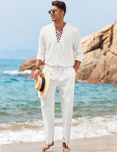 COOFANDY Men's 2 Piece Linen Set Long Sleeve Henley Shirts Casual Beach Pants With Pockets Summer Yoga Outfits