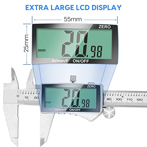 Digital Caliper, 6 Inch Caliper Tool with Extra Large LCD Screen, Auto-Off Feature, Easy Switch from Inch Metric Fraction, Stainless Steel Vernier Caliper Measuring Tool for DIY/Household