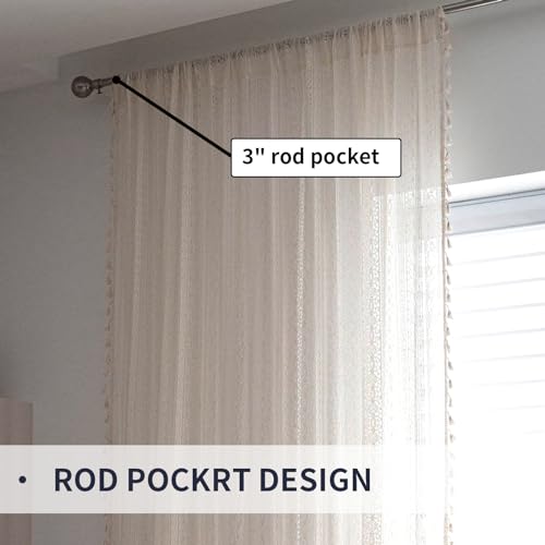 TOPSMCHER Boho Curtains 63 Inches Filtering Curtains for Bedroom Farmhouse Rustic Cotton Linen Curtains with Embroidery for Living Room Rod Pocket Bohemian Curtains,Blue