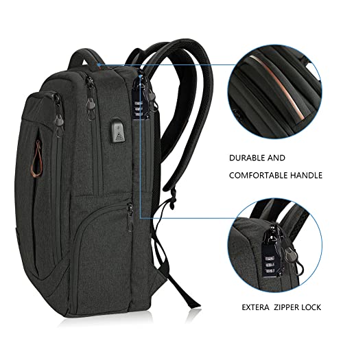 KROSER Laptop Backpack Large Fits up to 17.3 Inch Laptop with USB Charging Port Water-Repellent Casual Computer Daypack for Travel/Business/College/Women/Men-Charcoal Black