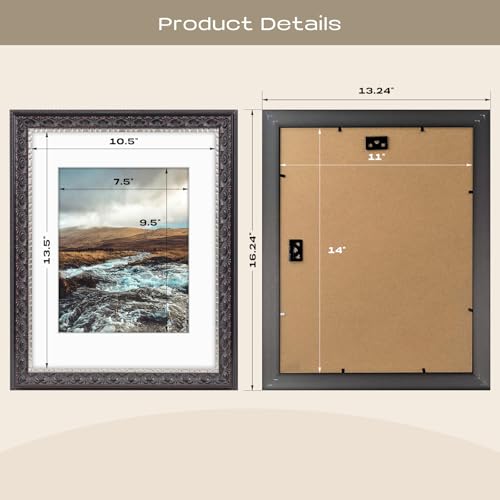 Golden State Art, 11x14 Photo Frame with White Mat for 8x10 Picture & Real Glass for Wall Display - Home or Office Classic Design (Black Silver Burgundy with Ornate Molding)