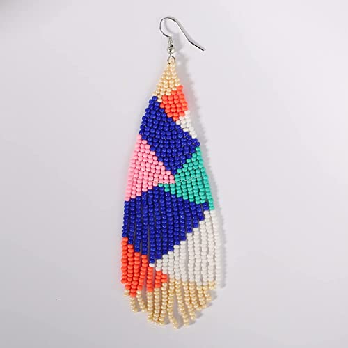 CALORVIA Boho Big Long Tassel Beaded Dangle Earrings Native Handmade Bohemian Large Statement Fringe for Women (Colorful)