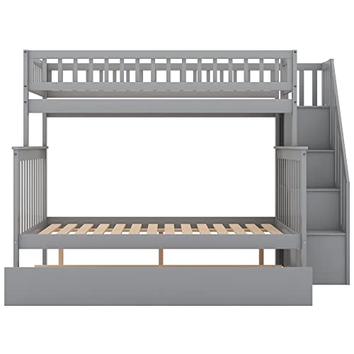 Harper & Bright Designs Bunk Beds Twin Over Full Size, Bunk Bed with Trundle,Storage Shelf and Stairway,Wood Bunk Beds with Full-Length Guard Rail for Kids and Teenagers,No Box Spring Needed, Grey