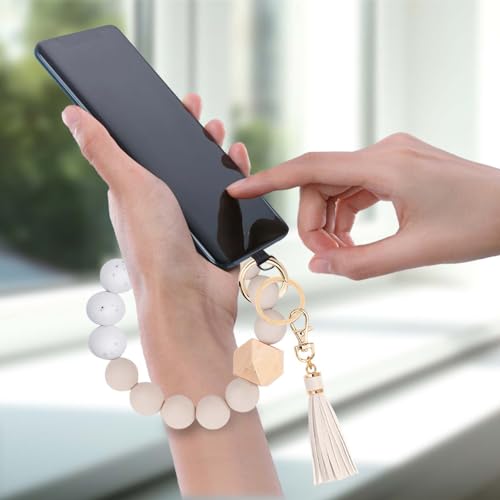 Lostars 2 Sets Leather Phone Wrist Strap, Detachable Cellphone Lanyard with Tether Tab, Elastic Hands-Free Wristlet Bracelet for Women (Beige-2)
