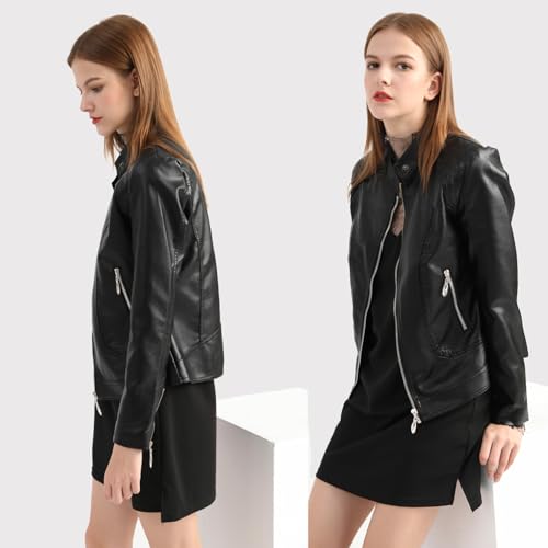 Women's Trendy Faux Leather Jacket Moto Short Jacket Fashion PU Jacket Coat (S, Black)