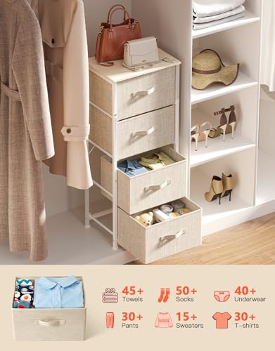 Pipishell Dresser with 4 Drawers, Tall Storage Tower with Sturdy Steel Frame Wood Top,Fabric Dresser Organizer Unit for Bedroom, Hallway, Entryway, Closets, Nursery Room