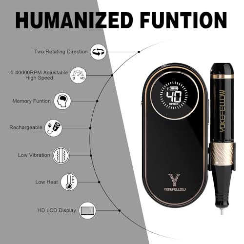 YOKE FELLOW Nail Drill Professional - Electric Nail Drill Machine for Acrylic Nail Kit with Nail Dust Brush for Manicure Pedicure 40000RPM Rechargeable Nail Drill Gift Set for Women