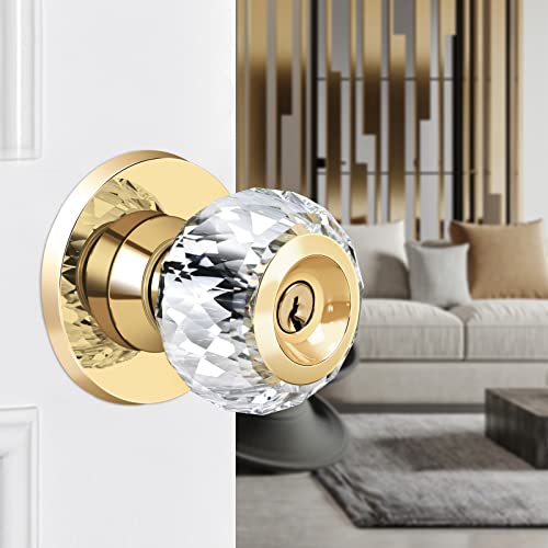 LOQRON Crystal Door Knobs with Lock and Keys with Privacy Lock, Luxurious Diamond Classic Interior Glass Door Knobs for Bedroom Bathroom Gold,1 Pack