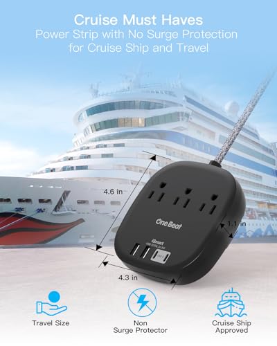 Flat Plug Power Strip, 5ft Flat Extension Cord - 3 Outlets 4 USB Ports (2 USB C) 22.5W/4.5A Desktop Charging Station, Power Strip No Surge Protection for Cruise Ship, Dorm Room Travel Essentials - BK