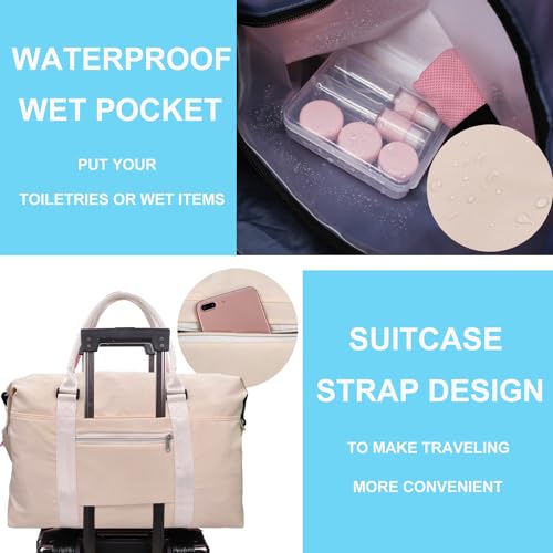Travel Weekender Overnight Bags for Women With Wet Pocket Sport Gym Tote Duffle Bag Carry on Waterproof (Beige)