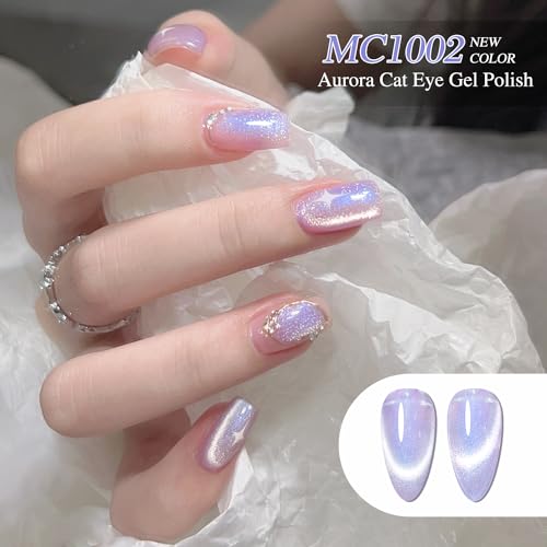 Double Rhythm Cat Eye Gel Nail Polish Set of 6 Colors Shimmer Glitter with Magnet 9D Holographic Reflective Magnetic Nail Polish (Purple Orange Blue Green Pink-Kit 33)