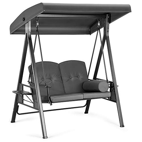 Pamapic Outdoor Patio Swing Chair with Weather Resistant Steel Frame, Adjustable Canopy,Removable Cushion and Pillow for Backyard, Garden, Porch,Poolside, Balcony-2-Seat (Gray)