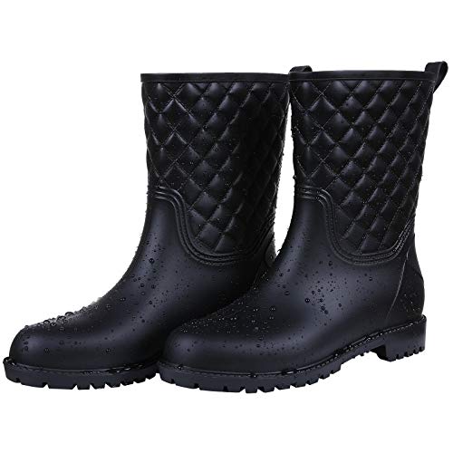 Women's Mid Calf Black Rain Boots Waterproof Lightweight Garden Shoes, 6 Size