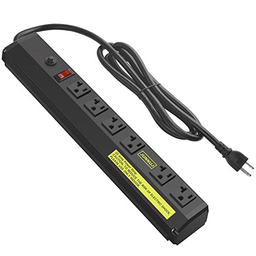 JUNNUJ Heavy Duty Metal Power Strip 20 Amp, High Amp Surge Protector 6 Outlet, 20A Power Strips Workshop Industrial Outlets Wide Spaced 6-20R T-Slot with Circuit Breaker, 12 Gauge Extension Cord 6ft