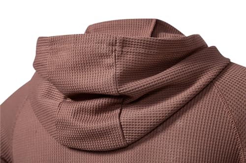 DELCARINO Men's Causal Pullover Hoodie Lightweight Solid Color Hooded Sweatshirt Tops Long Sleeve Waffle-Knit Henley Shirt (Small, Brown)
