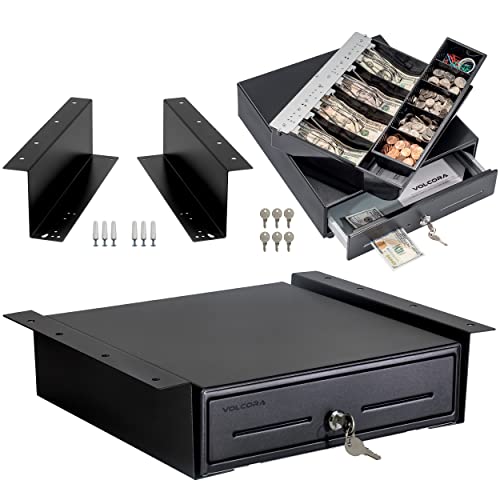 Volcora Cash Register Drawer with Under Counter Mounting Metal Bracket, 13" Black Cash Drawer for POS, 4 Bill 5 Coin Cash Tray, Fully Removable 2Tier Compartment 24V RJ11/RJ12 Key-Lock, 2 Media Slots