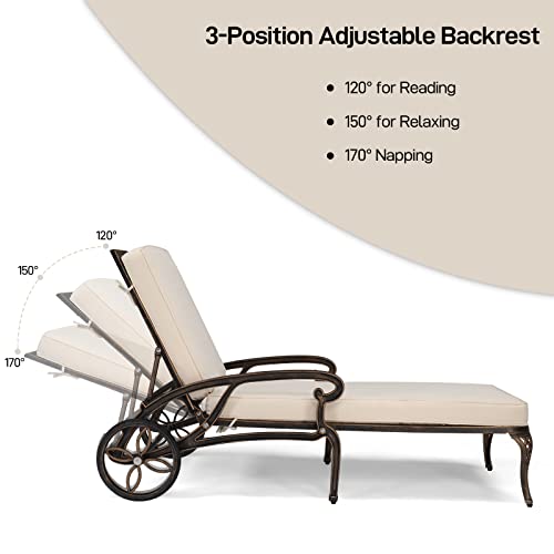 VINGLI Cast Aluminum Outdoor Chaise Lounge Chair with Wheels, Patio Chaise Lounge with 3-Position Adjustable Backrest, Outdoor Tanning Chair Patio Lounge Chaires (Bronze, with Cushion)