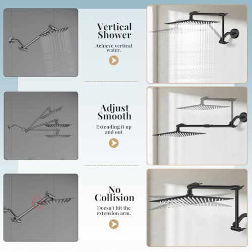 12'' Rain Shower Head with Handheld Spray, Black Shower Head High Pressure with 16'' Flexible Adjustment of Height/Angle Upgraded Extension Arm and 5 Setting Handheld Shower Head with Hose, Anti-leak