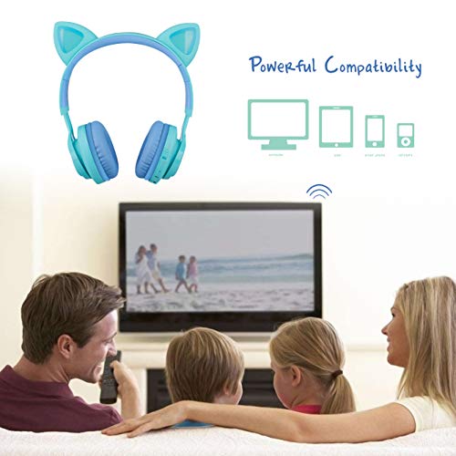 Riwbox Kids Headphones, CT-7S Cat Ear Bluetooth Headphones 85dB Volume Limiting,LED Light Up Kids Wireless Headphones Over Ear with Microphone for Laptop/PC/TV(Blue&Green)