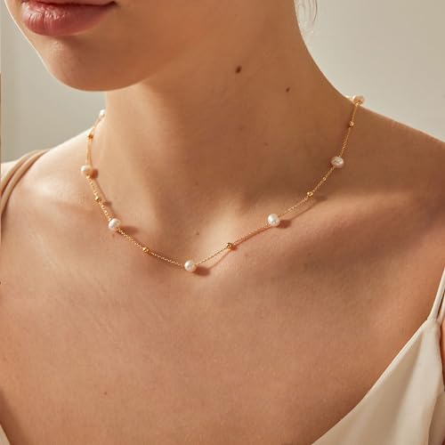 VRIUA Pearl Necklaces for Women, Gold Pearl Necklace 14k Gold Plated Dainty Pearl Necklace Everyday Minimalist Gold Necklace for Women