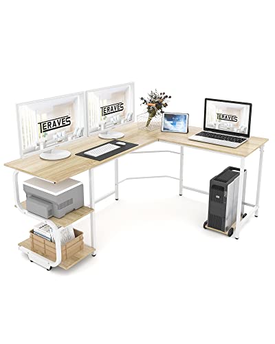 Teraves Reversible L Shaped Desk with Large Surface, 61 Inch Sturdy Corner Desk with Storage Shelves, Premium Office Computer Desk Workstation for Home Office Gaming