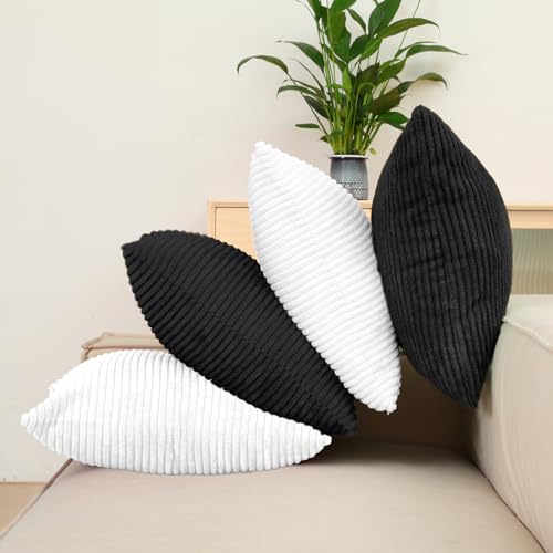 ENBAOHUI Decorative Throw Pillows Covers 18x18 Inch 4 Packs Corduroy Striped Splicing Pillowcase Square Cushion Covers for Couch Sofa Bed,18 * 18Inches 2Black/2White