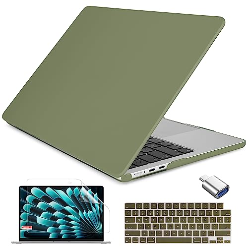 Batianda Compatible with 2023 MacBook Air 15 inch Case Model A2941 M2 Chip, Rubberized Smooth Touch Plastic Protective Hard Shell with Screen Protector Keyboard Cover and OTG Adapter,Solid Green