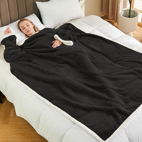 Ramees Sherpa Wearable Blanket with Sleeves and Pockets, Soft Warm TV Blanket Throw for Men and Women
