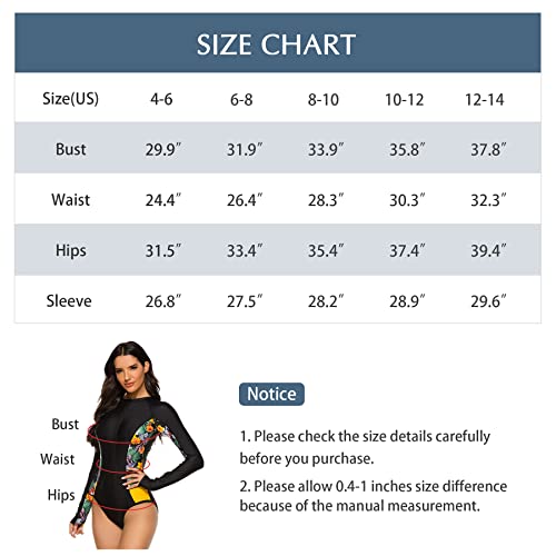 Zando Women's Athletic One Piece Swimsuits Long Sleeve Bathing Suit for Women Plus Size Zipper Rash Guard Swimsuit Blue Pink Leaf 6-8