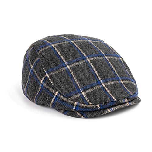 The Original Boston Scally Cap - Original Newsboy Flat Cap - Single Panel Cotton Fitted Hat for Men - Blue and White Plaid - XXXL