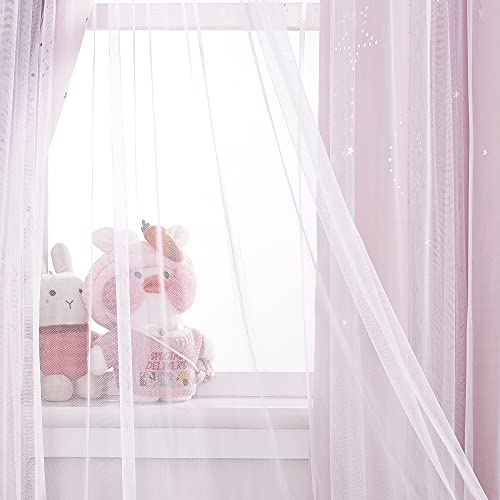 NICETOWN 2 Panels Stars Blackout Curtains for Bedroom Kids Baby Window Double Layer Moon Star Cut Out Living Room Decor Wall Home Decorations Curtain, W42 x L84 Inches Long, Pink