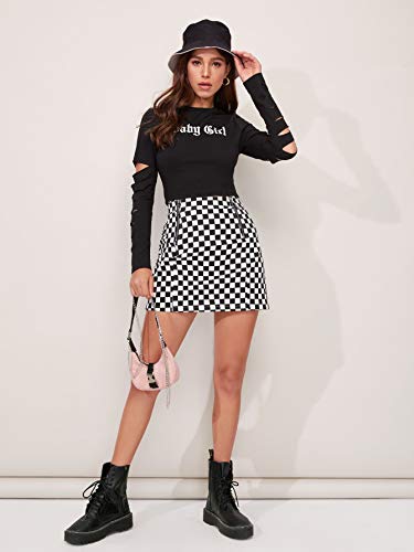 WDIRARA Women's Elegant Mid Waist Above Knee O-Ring Zipper Front Plaid Skirt Black and White Checked XXS