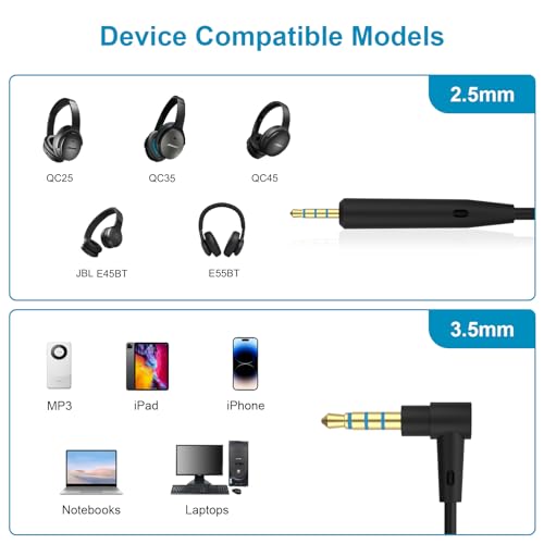 QC35 Mic Cable Compatible with Bose Noise Cancelling 700, QC35, QC35 II, QC45, QC25, OE2, OE2i Headphones, Remote Volume Control Mic, 4.6ft