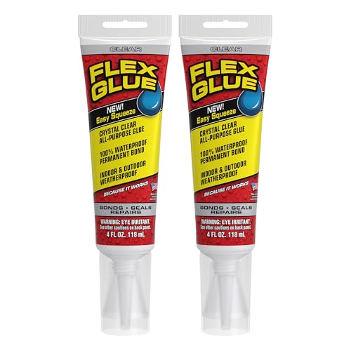 Flex Glue, Super Strong, Transparent, Rubberized Waterproof Adhesive, Works Underwater, Use on Pools, Showers, Outdoors, Concrete, Brick, Pavers, UV Resistant, 4 oz Squeeze Tube, Clear, 2-Pack