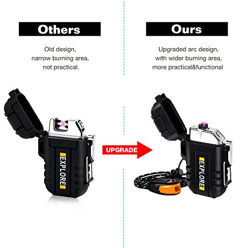 LcFun Electric Lighter, Plasma Lighter Waterproof Arc Lighter Windproof USB Lighter Rechargeable with Emergency Whistle for Hiking, Camping, Adventure, Outdoor, Survival, Tactical, EDC Gear (Black)