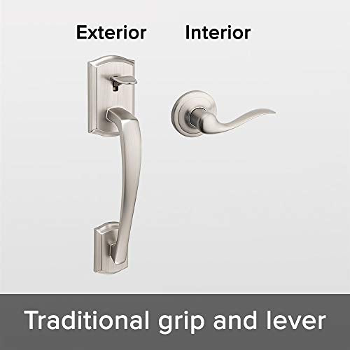 Kwikset Prescott Front Door Handle No Lock, Entry Handleset Exterior with Interior Reversible Handed Lever, Non-Locking, Satin Nickel, Deadbolt Not Included, with Microban Protection