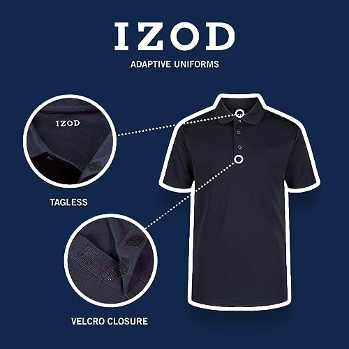 IZOD Boys' School Uniform Adaptive Short Sleeve Polo Shirt, Velcro Closure & Faux Buttons, Moisture Wicking Material, Navy Performance, 4-5