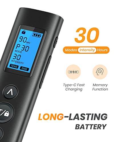 AVCOO 30 Modes TENS EMS Unit Compact Muscle Stimulator for Pain Relief, Rechargeable & Portable Dual Channel EMS Muscle Stimulator with 30 Intensity Levels and 12 Electrode Tens Unit Replacement Pads