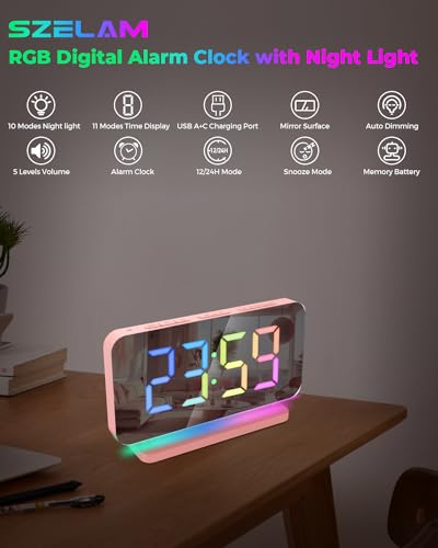 SZELAM Alarm Clock for Bedroom,7.4" Mirror Digital Clocks Large Display,with RGB Night Light, USB C Charger Port,Auto Dimming,LED Desk Clock for Kid Teen Girl Adults Room - Pink