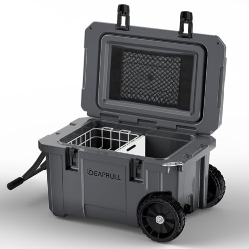 55 Quart Cooler with Wheels, Ice Chests Portable Camping Cooler Holds Ice up to 6 Days, Leak-Proof Insulated Cooler with Handle Cup Holders, Hard Cooler for Outdoor Camping, Beach, Boat, Grey