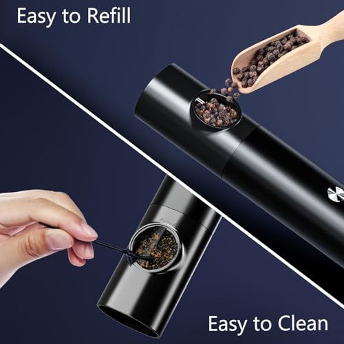 Electric Salt and Pepper Grinder Set with Rechargeable Base & LED Light - Upgraded Automatic Refillable Pepper Mill Shakers - Adjustable Coarseness, One-Hand Operation for Kitchen(2 Pack, Black&Black)