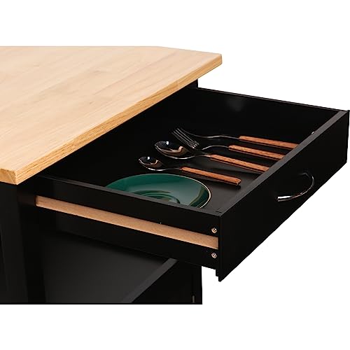 eHemco Kitchen Island Cart on Wheels with Drawer, Storage Cabinet, Shelf and Natural Solid Hardwood Top, Black Base