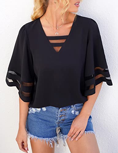 LookbookStore Going Out Tops for Women Blouses for Women Dressy Casual 2024 Summer Black Cute Tops 3/4 Bell Sleeve Loose Shirt Tops to Wear with Leggings Black Blouse Size XL Size 16 18