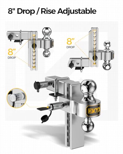 KYX Adjustable Trailer Hitch, 6 Inch Drop/Rise 12500 LBS GTW, Ball Mount Trailer Hitch Fits 2" Receiver, Heavy Duty Dual Ball (2'' X 2-5/16'') Tow Hitch with Anti-Theft Pins Locks for Trucks
