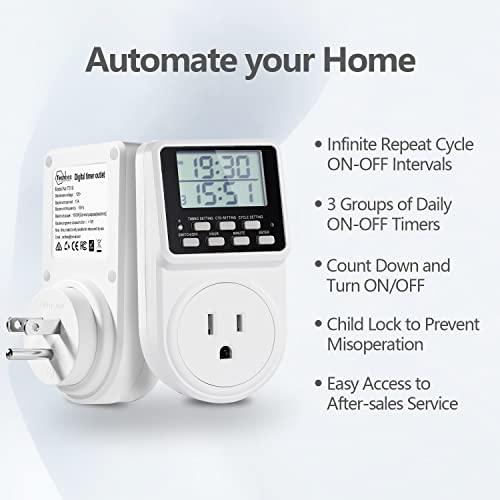 Techbee Digital Infinite Repeat Cycle Intermittent Timer Plug for Electrical Outlet, 24 Hour Programmable Indoor Timed Power Switch with Countdown Delay On and Off (120V, 15A), 1 pack