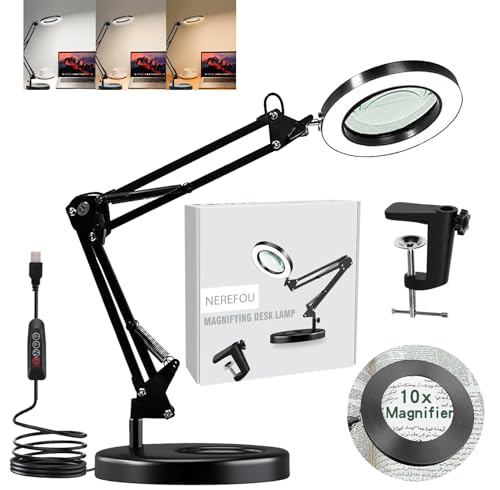 Nerefou Magnifying Glass with Light and Stand, 10X Magnifying Lamp, 2-in-1 Magnifying Desk Lamp with Clamp, 3 Color Mode, Magnifying Glasses with Light for Close Work (1st Generation Base & Clamp)